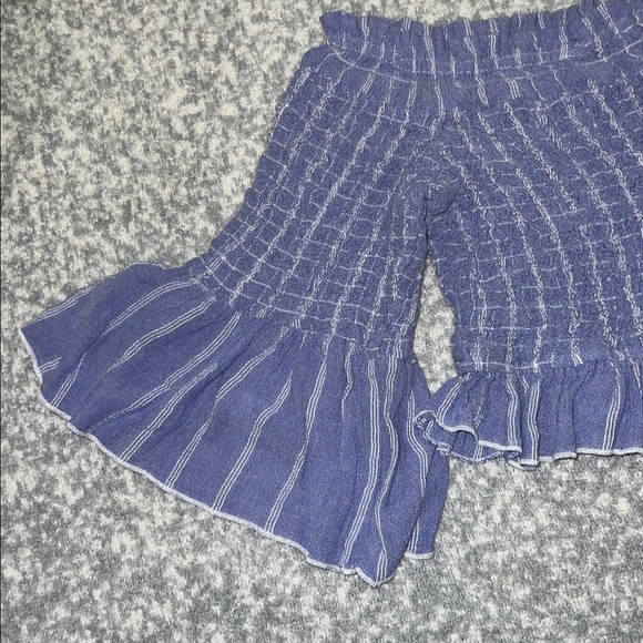 Free People Smock Around Striped Cropped Blouse Top Blue Bell Sleeves Medium - Picture 3 of 7